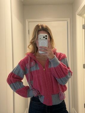 LoveShackFancy Pink and Gray Zip Hoodie Cardigan